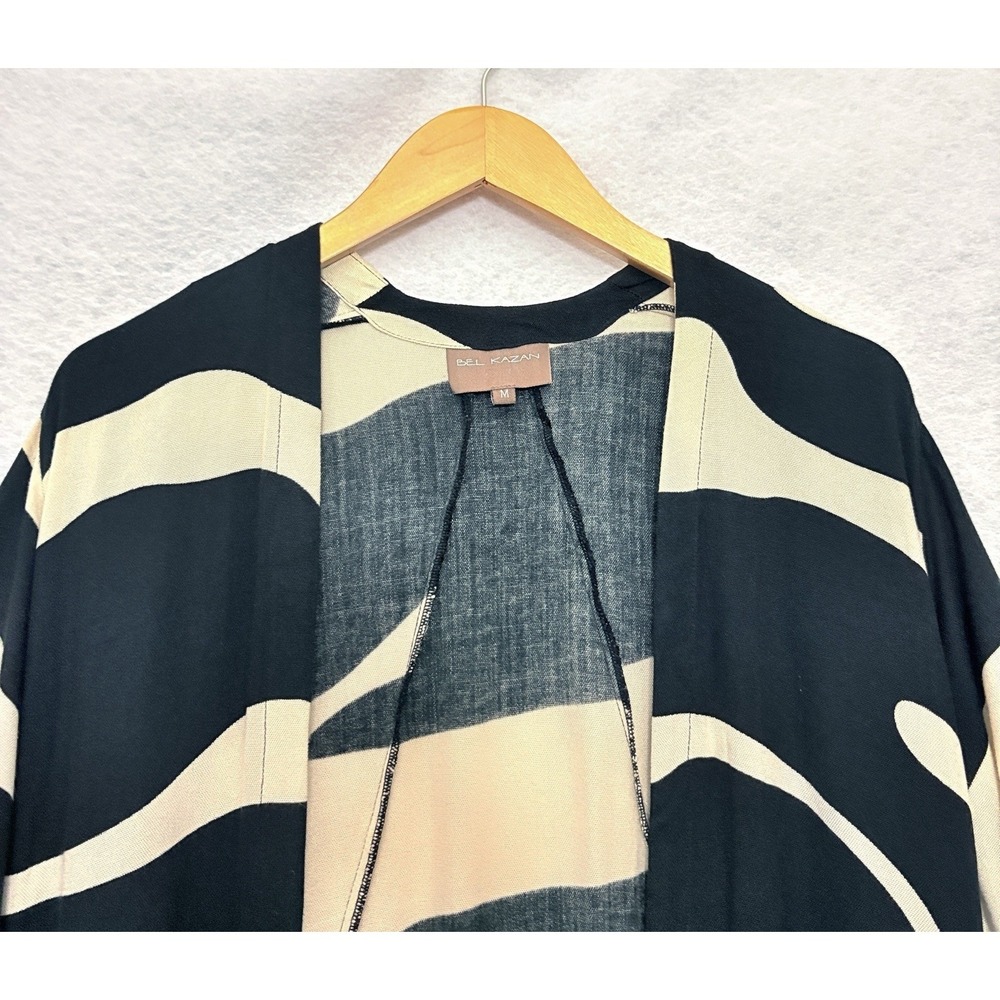 Bel Kazan Womens M Kimono Duster Extra Long Open Front Black Beige Boho Pockets - Picture 3 of 7